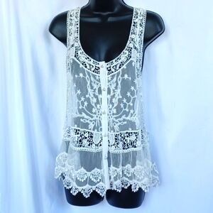 Venus Catalog BOHO Sheer Crochet Mesh Lace Vest/Top Sz L White NWOT
